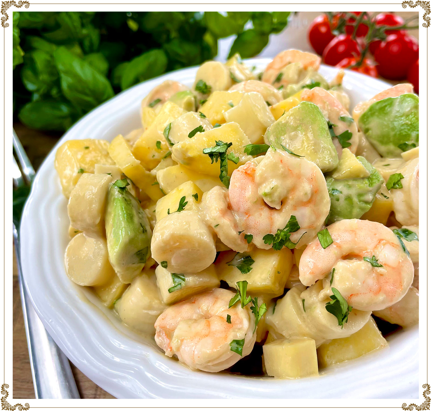 Recipe Heart of palm, shrimp and mango salad  Gluten-free, Dairy-free, Organic from Cuisine l’Angélique.