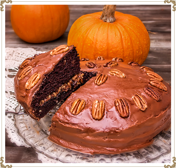 Recipe photo Choco-Pumpkin Cake with Pecans
Gluten-free, dairy-free (casein-free), hypotoxic and vegan 
By: Cuisine l'Angélique
